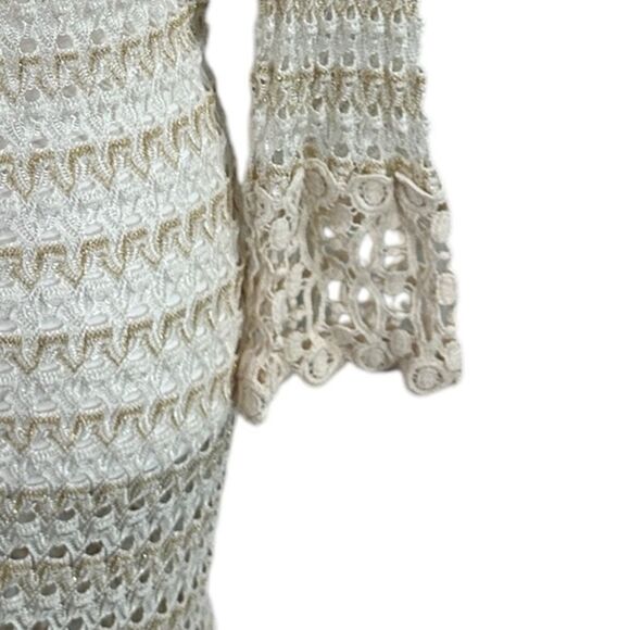 Solitaire Swim Coverup Size M Ivory Tan Gold Crocheted Long Sleeve Dress Beach - Picture 6 of 11